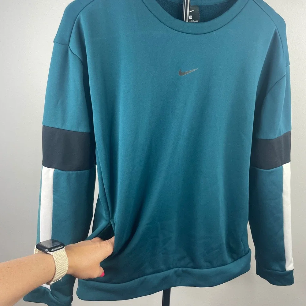 Nike Womens Therma Active Teal Blue Colorblock‎ Fleece Crewneck Sweatshirt XS
